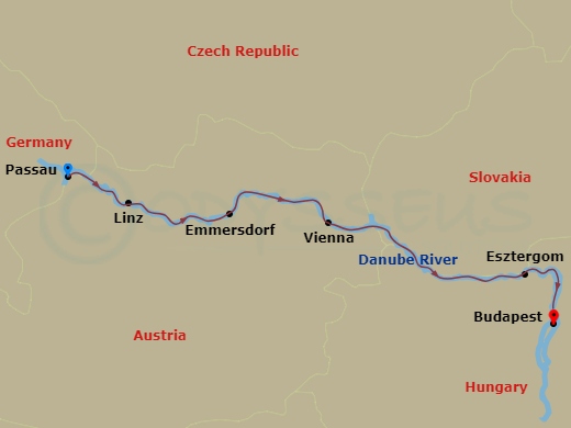 MS Amadeus Amara - 7 Night - Classical Danube Cruise - MS Amadeus Amara - Starting in Passau, Linz, Emmersdorf, Vienna, Esztergom, Budapest itinerary map