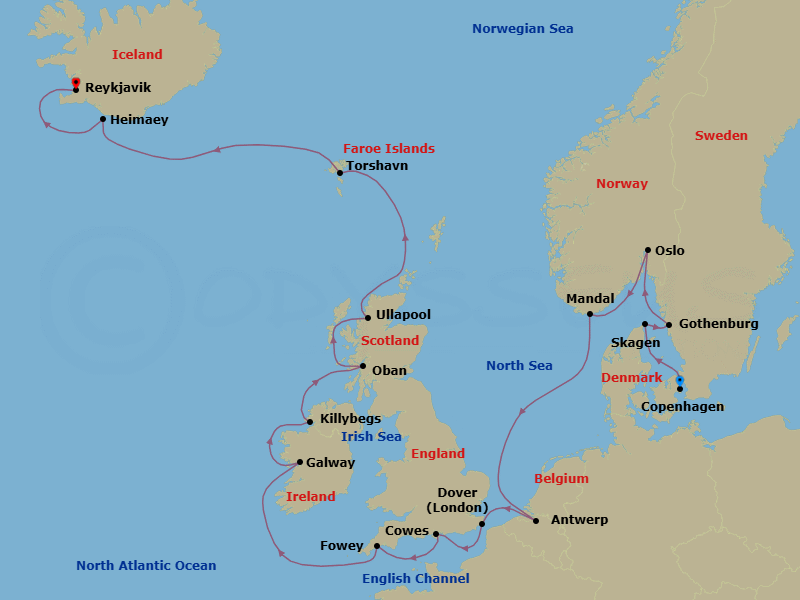21 Night - Scandinavia, British Isles & Solar Eclipse Explorer - Seabourn Ovation - Starting in Copenhagen, Denmark, Skagen, Denmark, Gothenburg, Sweden, Oslo, Norway, Mandal (Kristiansand), Norway, Antwerp, Belgium, Dover UK (London), England, Cowes, Isle of Wight, England, UK, Fowey, Cornwall, United Kingdom, Galway, Ireland, Killybegs, Donegal, Ireland, Oban UK, Scotland, Ullapool, Scotland, United Kingdom, Torshavn, Faroe Islands, Heimaey, Westman Islands, Iceland, Reykjavik, Iceland itinerary map
