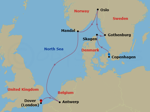 7 Night - Sweden, Norway, Denmark & Belgium - Seabourn Ovation - Starting in Copenhagen, Denmark, Skagen, Denmark, Gothenburg, Sweden, Oslo, Norway, Mandal (Kristiansand), Norway, Antwerp, Belgium, Dover UK (London), England itinerary map
