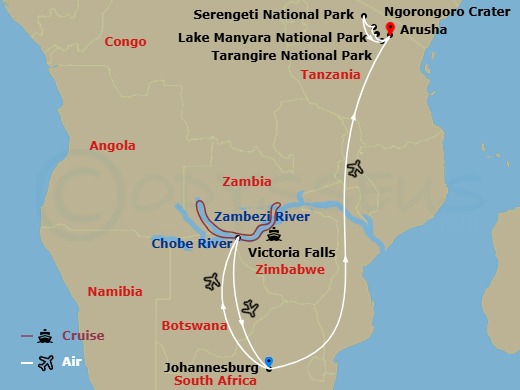 Zambezi Queen Cruise Tours - 17 Night - Golden Trails of East Africa with Cruise and Land Package : Johannesburg, Wildlife Cruise, Victoria Falls, Johannesburg - Zambezi Queen Cruise Tours itinerary map