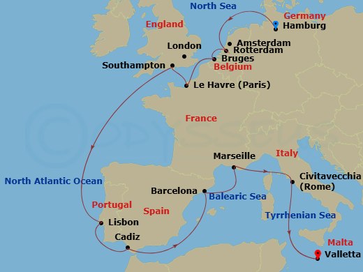 MSC Poesia - 15 Night - Ham - MSC Poesia - Starting in Hamburg, Germany, Rotterdam (Amsterdam), Netherlands, Zeebrugge (Bruges), Belgium, Le Havre (Paris), France, Southam.. itinerary map