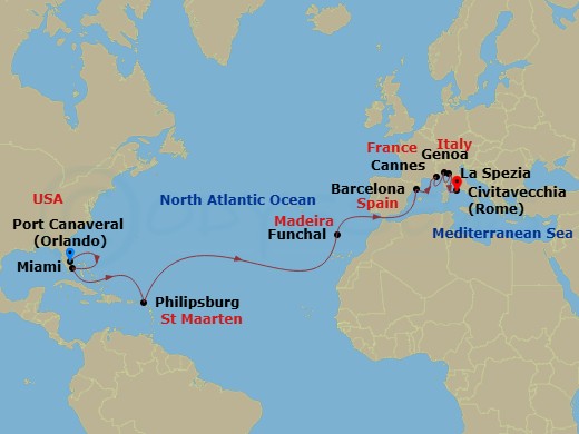 MSC Grandiosa - 18 Night - Msc Grand Voyages - MSC Grandiosa - Starting in Port Canaveral (Orlando), Florida, Miami, Florida, Philipsburg, St Maarten, Funchal (Madeira Island.. itinerary map