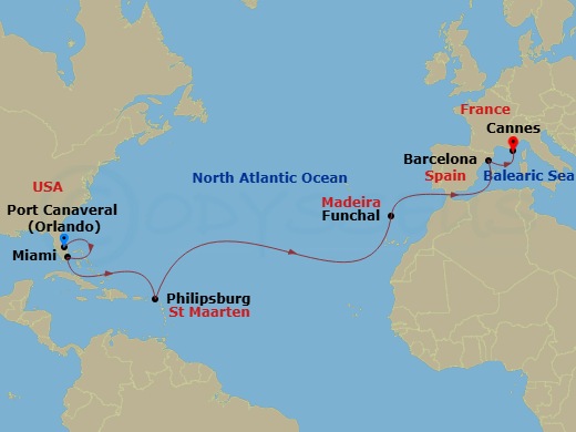 MSC Grandiosa - 15 Night - Msc Grand Voyages - MSC Grandiosa - Starting in Port Canaveral (Orlando), Florida, Miami, Florida, Philipsburg, St Maarten, Funchal (Madeira Island.. itinerary map