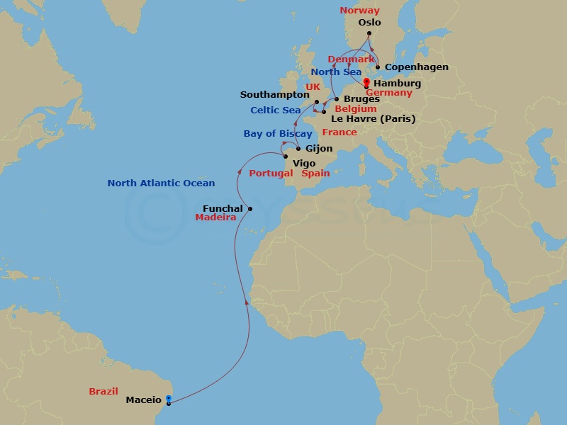 MSC Preziosa - 19 Night - Msc Grand Voyages - MSC Preziosa - Starting in Maceio, Brazil, Funchal (Madeira Islands), Portugal, Vigo (Santiago De Compostela), Spain, Gijon, Sp.. itinerary map