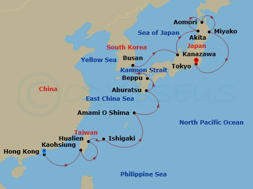 Seabourn Sojourn - 20 Night - World Cruise : Spring Circumnavigation of Japan - Seabourn Sojourn - Starting in Hong Kong, China, Kaohsiung, Taiwan, Hualien, Taiwan, Ishigaki Isl.. itinerary map