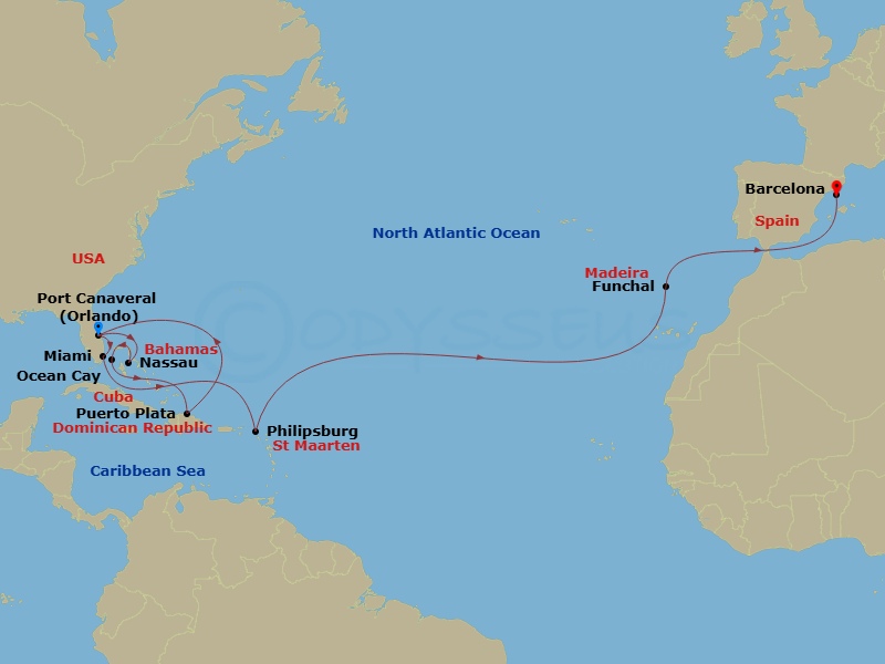 MSC Grandiosa - 21 Night - Msc Grand Voyages - MSC Grandiosa - Starting in Port Canaveral (Orlando), Florida, Nassau, Bahamas, Ocean Cay Msc Marine Reserve, Bahamas, Puerto P.. itinerary map