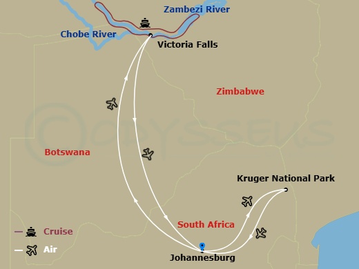 Zambezi Queen Cruise Tours - 12 Night - Wildlife & the Falls with Cruise and Land Package : Johannesburg, Wildlife Cruise, Victoria Falls, Johannesburg, Greater - Zambezi Queen Cruise Tours itinerary map