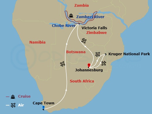 Zambezi Queen Cruise Tours - 15 Night - Stars of South Africa with Cruise and Land Package : Cape Town, Wildlife Cruise, Victoria Falls, Johannesburg, Greater K - Zambezi Queen Cruise Tours itinerary map