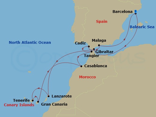 Celebrity Infinity - 13 Night - Canary Islands, Spain & Morocco - Celebrity Infinity - Starting in Barcelona, Spain, Gibraltar, United Kingdom, Lanzarote, Canary Islands, Tenerife.. itinerary map