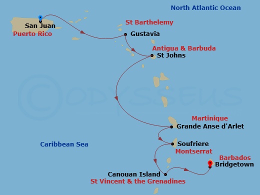 Evrima - 6 Night - San Juan / Bridgetown - Evrima - Starting in San Juan, Gustavia, St Johns AG, Les Anses-dArlet, Soufriere, Canouan, Bridgetown itinerary map