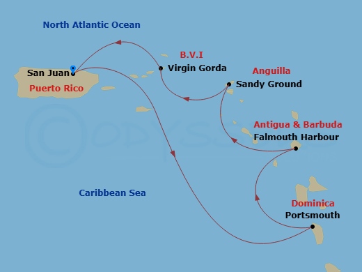 Ilma - 6 Night - San Juan / San Juan - Ilma - Starting in San Juan, Portsmouth DM, Falmouth Harbour, Antigua, Sandy Ground, Virgin Gorda, San Juan itinerary map