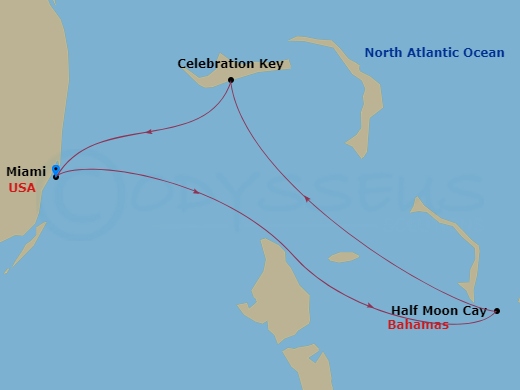Carnival Conquest - 4 Night - Bahamas - Carnival Conquest - Starting in Miami, Fl, Half Moon Cay, the Bahamas, Celebration Key, the Bahamas, Miami, Fl itinerary map
