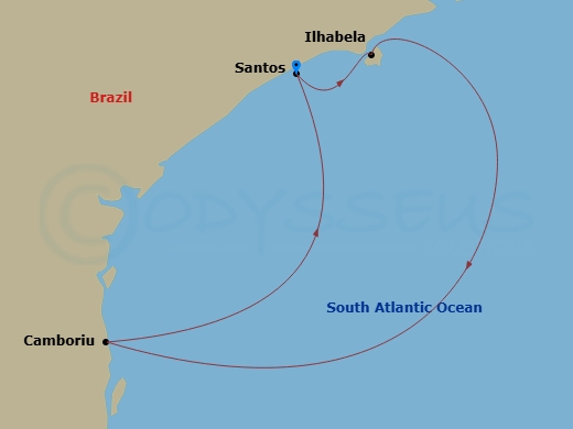 Costa Favolosa - 4 Night - South America Roundtrip from Santos - Costa Favolosa - Starting in Santos, Brazil, Ilhabela, Brazil, Camboriu, Brazil, Santos, Brazil itinerary map