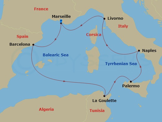 MSC Meraviglia - 7 Night - Mediterranean - MSC Meraviglia - Starting in Marseille (Provence), France, Barcelona, Spain, La Goulette, Tunisia, Palermo (Monreale), Italy, Naples.. itinerary map