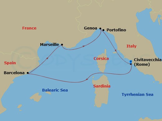MSC Fantasia - 5 Night - Mediterranean - MSC Fantasia - Starting in Civitavecchia (Rome), Italy, Barcelona, Spain, Marseille (Provence), France, Genoa (Portofino), Italy, Ci.. itinerary map