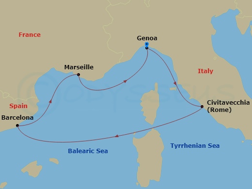 MSC Fantasia - 5 Night - Mediterranean - MSC Fantasia - Starting in Genoa (Portofino), Italy, Civitavecchia (Rome), Italy, Barcelona, Spain, Marseille (Provence), France, Ge.. itinerary map