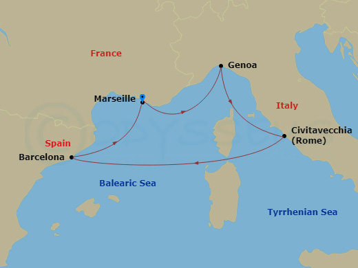MSC Fantasia - 5 Night - Mediterranean - MSC Fantasia - Starting in Marseille (Provence), France, Genoa (Portofino), Italy, Civitavecchia (Rome), Italy, Barcelona, Spain, Ma.. itinerary map
