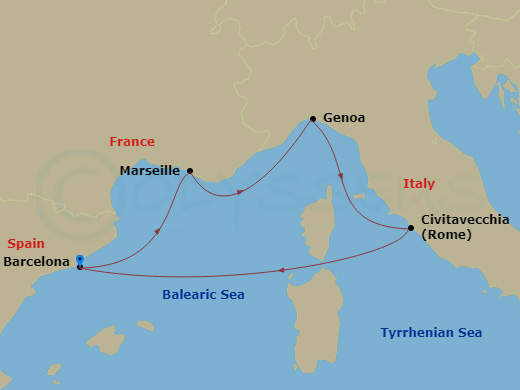 MSC Fantasia - 5 Night - Mediterranean - MSC Fantasia - Starting in Barcelona, Spain, Marseille (Provence), France, Genoa (Portofino), Italy, Civitavecchia (Rome), Italy, Ba.. itinerary map