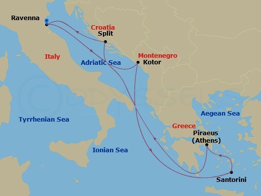 RCL Explorer of the Seas - 7 Night - Greece & Adriatic Cruise - RCL Explorer of the Seas - Starting in Ravenna, Italy, Bay of Kotor (Cruising), Kotor, Montenegro, Santorini, Greece, Ath.. itinerary map