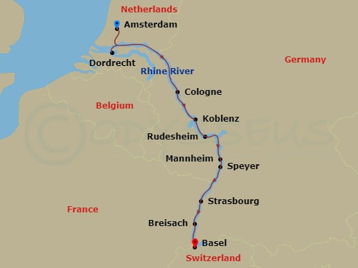 7 Night - Christmas On the Rhine - Viking Honir - Starting in Amsterdam, Dordrecht, Scenic Sailing Waal and Merwede, Cologne, Koblenz, Middle Rhine Scenic Sailing, Rudesheim, Mannheim, Speyer, Strasbourg, Breisach, Basel itinerary map