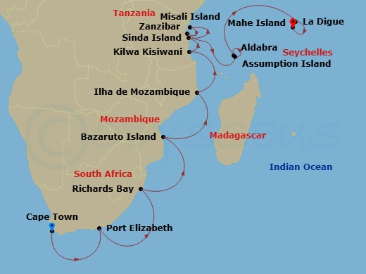 Silver Cloud Expedition - 20 Night - Cape Town to Mahe - Silver Cloud Expedition - Starting in Cape Town, Port Elizabeth ZA, Richards Bay, Bazaruto Island, Island of Mozambique, Kilwa.. itinerary map