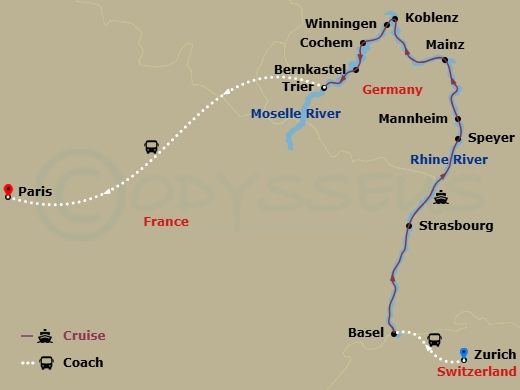 11 Night - Christmas on the Rhine & Moselle - Viking Freya Tours - Starting in Zurich, Basel, Strasbourg, Speyer, Mannheim, Mainz, Middle Rhine Scenic Sailing, Koblenz, Winningen, Cochem, Bernkastel, Trier, Paris itinerary map