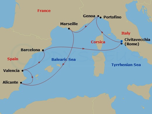 MSC Magnifica - 8 Night - Mediterranean - MSC Magnifica - Starting in Civitavecchia (Rome), Italy, Genoa (Portofino), Italy, Marseille (Provence), France, Alicante, Spain, Va.. itinerary map