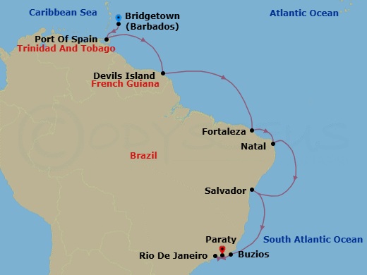 16 Night - Trinidad to Rio : South American Expedition - Seabourn Venture - Starting in Bridgetown, Barbados, Port-of-Spain, Trinidad and Tobago, Devils Island, French Guiana, Crossing the Equator, Fortaleza, Brazil, Natal, Brazil, Salvador da Bahia, Brazil, Armacao dos Buzios, Brazil, Parati, Brazil, Rio De Janeiro, Brazil itinerary map