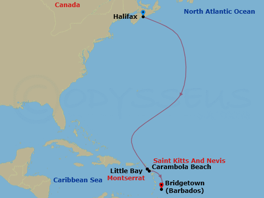 8 Night - Southern Caribbean Yacht Harbors - Seabourn Venture - Starting in Halifax, Nova Scotia, Canada, Carambola Beach, Saint Kitts and Nevis, Little Bay, Montserrat, Rodney Bay, Saint Lucia, Bridgetown, Barbados itinerary map