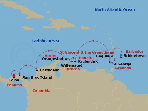 Wind Star - 11 Night - Colombian & Southern Caribbean Coastlines - Wind Star - Starting in Bridgetown, Bequia, St Georges, Kralendijk, Willemstad AN, Oranjestad, Cartagen.. itinerary map