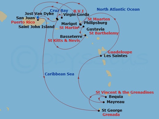 Star Pride - 14 Night - Star Collector : Lovely Leewards - Star Pride - Starting in San Juan, St Georges, Bequia, Mayreau, Les Saintes, Marigot, St Martin, San Juan, St Jo.. itinerary map
