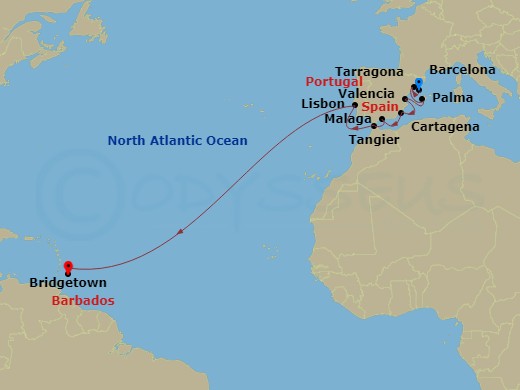 Wind Star - 24 Night - Star Collector : Classic Crossing to Spain & More - Wind Star - Starting in Barcelona, Tarragona, Spain, Palma De Mallorca, Valencia, Cartagena ES,.. itinerary map