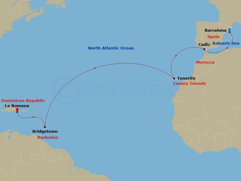 Costa Pacifica - 13 Night - Transatlantic from Barcelona - Costa Pacifica - Starting in Barcelona, Cadice, Santa Cruz de Tenerife, Bridgetown, Barbados, Casa De Campo / La Rom.. itinerary map