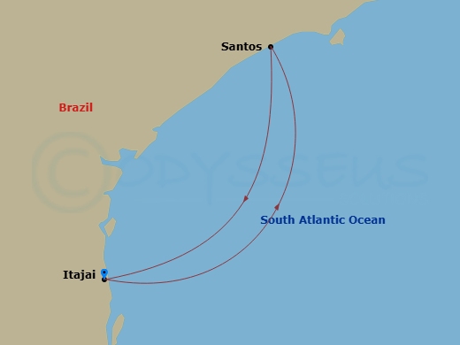 Costa Diadema - 3 Night - South America Roundtrip from Itajai - Costa Diadema - Starting in Itajai, Brazil, Santos, Brazil, Itajai, Brazil itinerary map