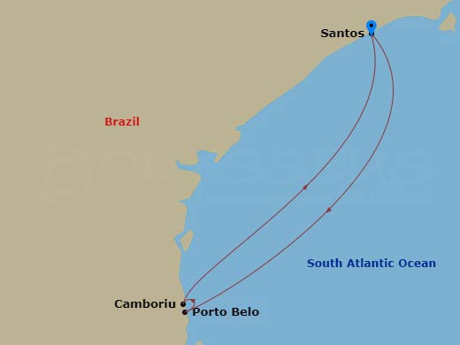Costa Favolosa - 3 Night - South America Roundtrip from Santos - Costa Favolosa - Starting in Santos, Brazil, Portobelo, Brazil, Camboriu, Brazil, Santos, Brazil itinerary map