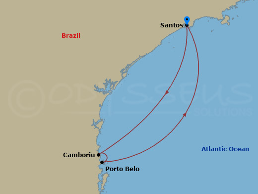 Costa Favolosa - 3 Night - South America Roundtrip from Santos - Costa Favolosa - Starting in Santos, Brazil, Camboriu, Brazil, Portobelo, Brazil, Santos, Brazil itinerary map
