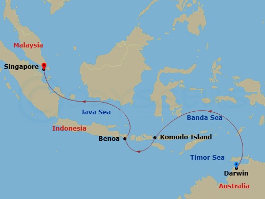 Silver Nova - 8 Night - Darwin to Singapore - Silver Nova - Starting in Darwin, Komodo Island, Benoa, Bali, Singapore itinerary map