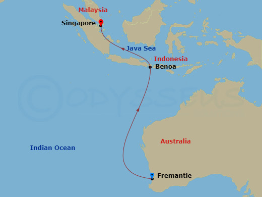 Silver Moon - 9 Night - Fremantle to Singapore - Silver Moon - Starting in Fremantle (Perth), Western Australia, Benoa, Bali, Singapore itinerary map