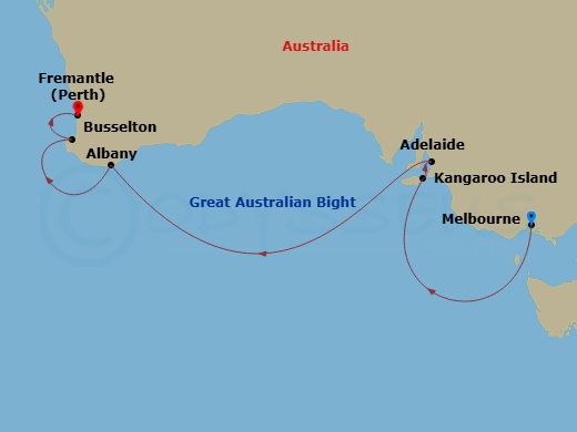 Silver Moon - 10 Night - Melbourne to Fremantle - Silver Moon - Starting in Melbourne, Kangaroo Island, Adelaide, Albany AU, Australia, Busselton, Fremantle (Perth), Wester.. itinerary map