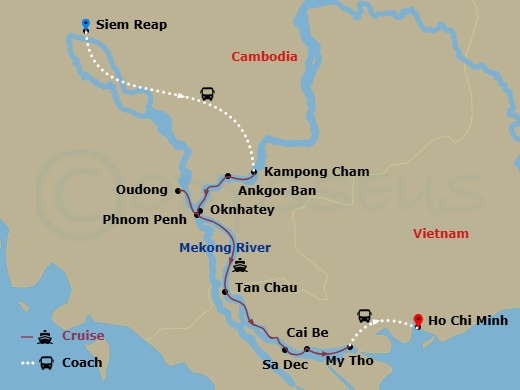 AmaDara Cruise Tours - 9 Night - Riches of the Mekong with Ho Chi Minh Post-Cruise - AmaDara Cruise Tours - Starting in Siem Reap, Kampong Cham, Angkor Ban, Oknhatey Village, Phnom.. itinerary map