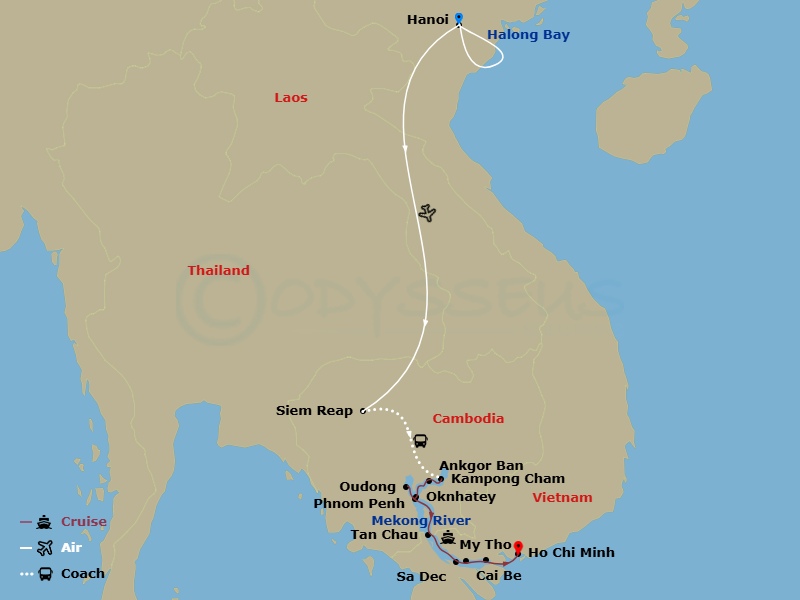 AmaDara Cruise Tours - 15 Night - Riches of the Mekong with Hanoi, Ha Long Bay, Siem Reap Pre-Cruise and Ho Chi Minh City Post-Cruise - AmaDara Cruise Tours - Starting in Hanoi, Ha.. itinerary map