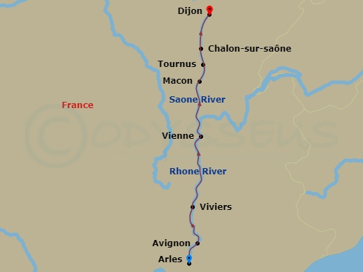 AmaCello - 7 Night - Essence of Burgundy & Provence - AmaCello - Starting in Arles, Avignon, Viviers, Vienne, Lyon, Macon, Tournus, Chalon-sur-Saone, Port of Dijon itinerary map