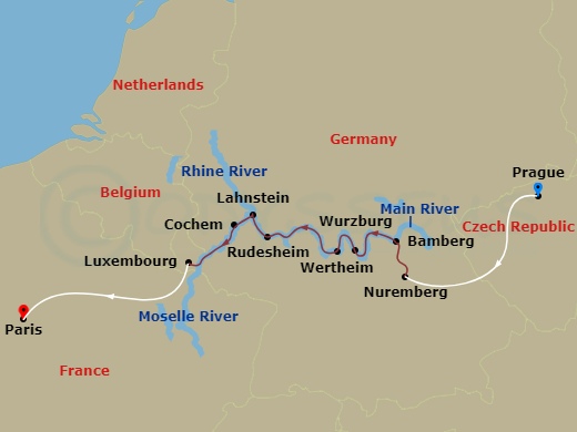 AmaPrima Cruise Tours - 13 Night - Europe's Rivers & Castles (Wine Cruise) with Prague Pre-Cruise and Paris Post-Cruise - AmaPrima Cruise Tours - Starting in Prague, Nuremberg, Bambe.. itinerary map
