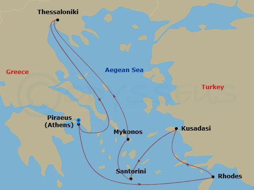 Celebrity Infinity - 8 Night - Best of Greece Cruise - Celebrity Infinity - Starting in Athens (Piraeus), Greece, Rhodes, Greece, Ephesus (Kusadasi), Turkey, Santorini, Greece, My.. itinerary map