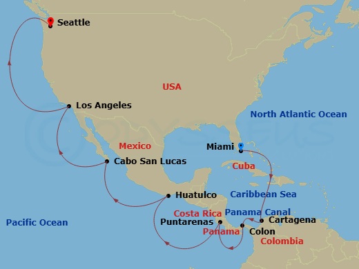 Queen Elizabeth - 20 Night - Miami to Seattle - Queen Elizabeth - Starting in Miami, FL, Cartagena CO, Colon, Panama, Transit the Panama Canal, Panama (Full Transit), Puntarena.. itinerary map