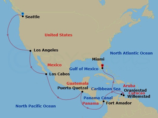 21 Night - Seattle to Miami - Queen Elizabeth - Starting in Seattle, WA, Los Angeles, CA, Cabo San Lucas, Mexico, Puerto Quetzal, Guatemala, Fuerte Amador (tours to Panama City), Panama, Transit the Panama Canal, Panama (Full Transit), Willemstad AN, Curacao, Oranjestad, Aruba, Miami, FL itinerary map