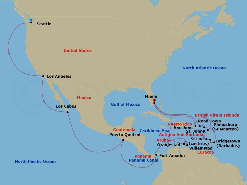 33 Night - Seattle to Miami - Queen Elizabeth - Starting in Seattle, WA, Los Angeles, CA, Cabo San Lucas, Mexico, Puerto Quetzal, Guatemala, Fuerte Amador (tours to Panama City), Panama, Transit the Panama Canal, Panama (Full Transit), Willemstad AN, Curacao, Oranjestad, Aruba, Miami, FL, San Juan, Puerto Rico, St Johns AG, Antigua, Castries, St Lucia, Bridgetown, Barbados, Philipsburg, St Maarten, Road Town, Tortola, Miami, FL itinerary map