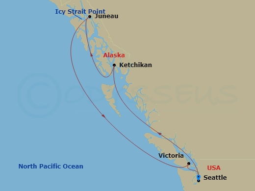 Queen Elizabeth - 7 Night - Alaska Roundtrip from Seattle - Queen Elizabeth - Starting in Seattle, WA, Ketchikan, AK, Juneau, AK, Tracy Arm Fjord, AK, (Scenic Cruising), Victor.. itinerary map
