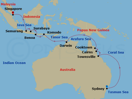 18 Night - Archipelago Adventure - Seven Seas Splendor - Starting in Sydney AU, Cruising the Tasman Sea, Cruising the Coral Sea, Townsville, Cairns, Cooktown, Cruising the Coral Sea, Cruising the Arafura Sea, Darwin, Cruising the Timor Sea, Komodo, Bali (Benoa), Surabaya, Semarang (Java), Cruising the Java Sea, Singapore itinerary map