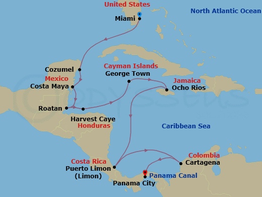 14 Night - Tropical Treasures - Seven Seas Splendor - Starting in Miami, Cruising the Caribbean Sea, Cozumel, Mexico, Costa Maya, Mexico, Harvest Caye, Roatan, Cruising the Caribbean Sea, George Town, Ocho Rios, Jamaica, Cruising the Caribbean Sea, Puerto Limon, Cruising the Caribbean Sea, Cartagena CO, Panama Canal Transit, Panama City itinerary map